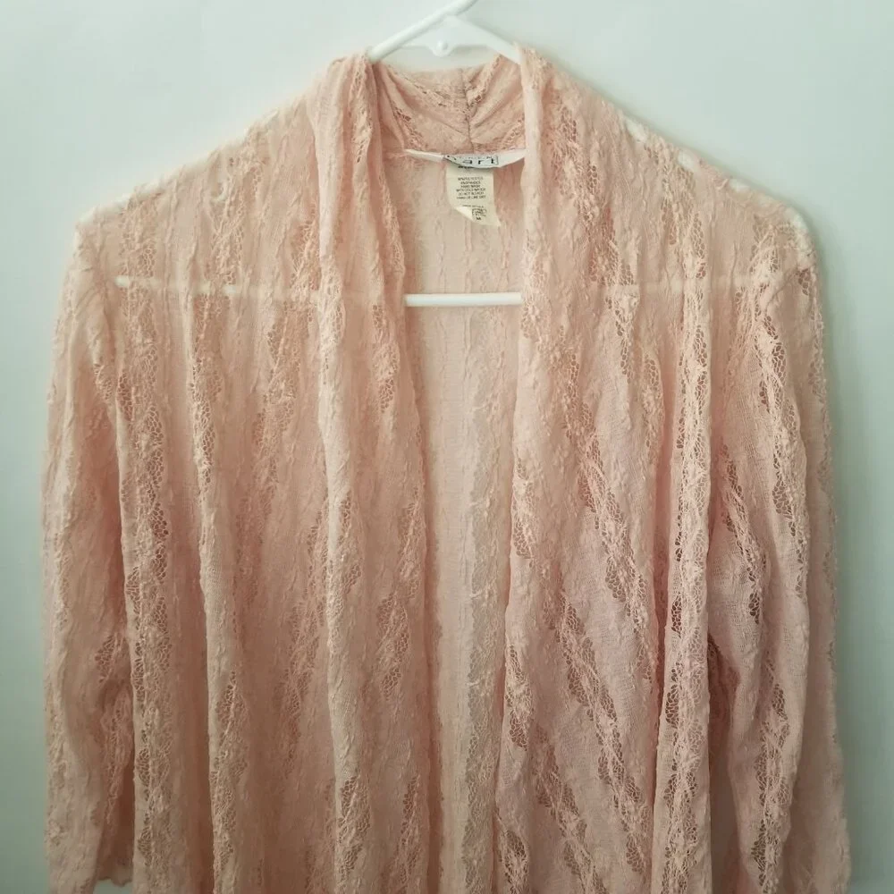 Vtg Keren Hart Women M Peach Lace Knit 3/4 Long Sleeve Lightweight Open Cardigan - Picture 4 of 13
